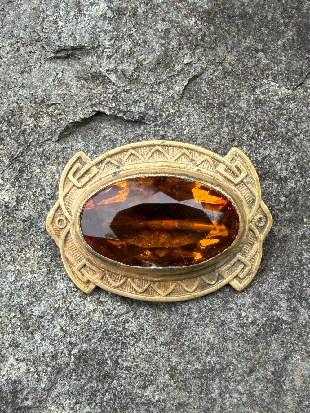 Vintage Art Deco Gold Brooch Topaz Colored Glass Stone Pin